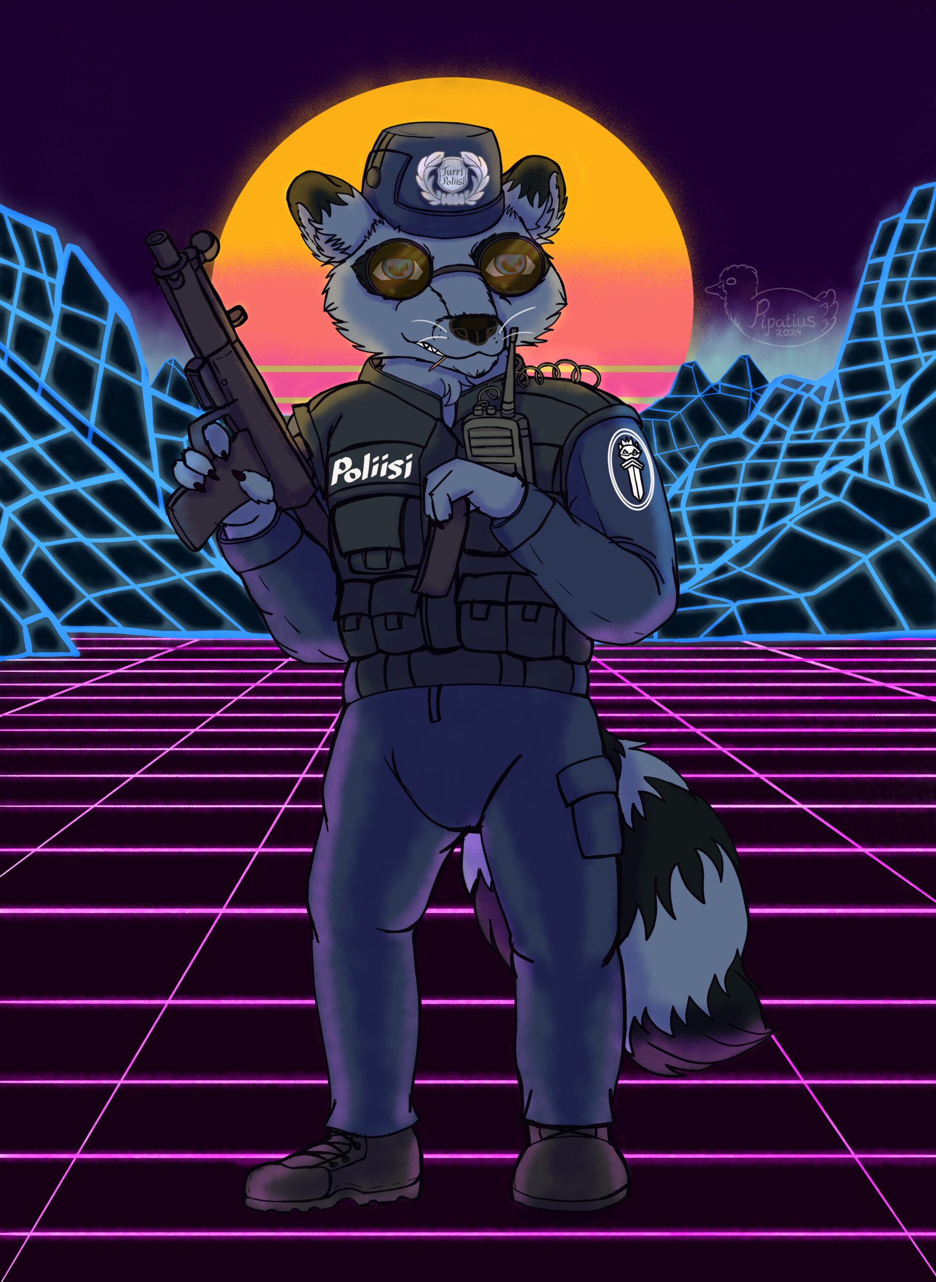 colorful digital drawing that has a humanoid raccoon police officer in the middle