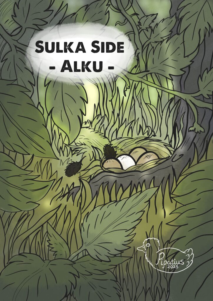 Sulka side sarjakuvan kansi jossa on pesä vihreyden keskellä jossa on munia