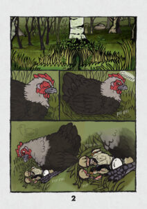 On the page, the viewer approaches a nest at the base of a tree where a black and gray hen sits. The hen rises slightly, revealing the newly hatched chicks and a few eggs below.